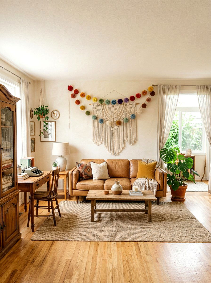 Boho Rainbow Pom Pom Garland Living Room - 25 Spring Pom Pom Garland Ideas