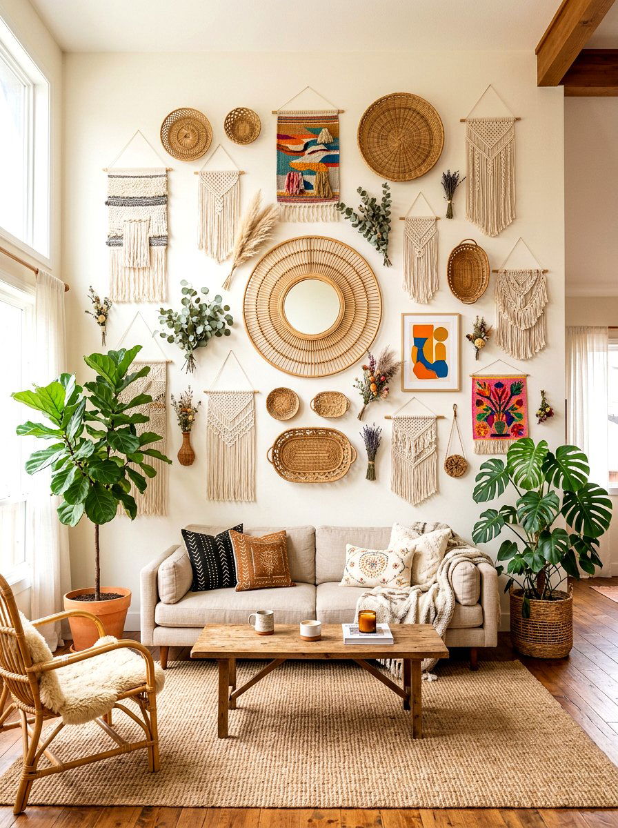 Boho Rattan And Floral Wall - 25 Spring Gallery Wall Ideas
