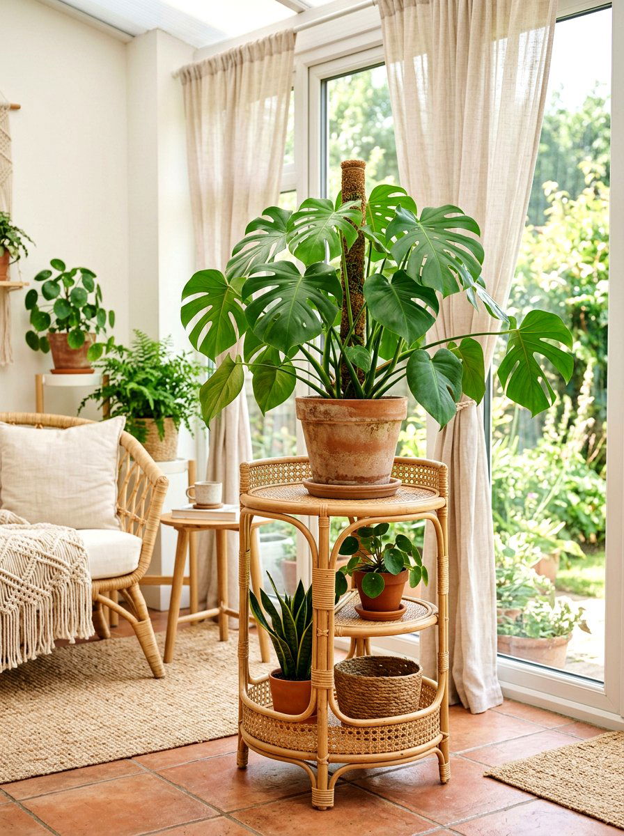 Boho Rattan Plant Stand - 25 Spring DIY Planter Ideas
