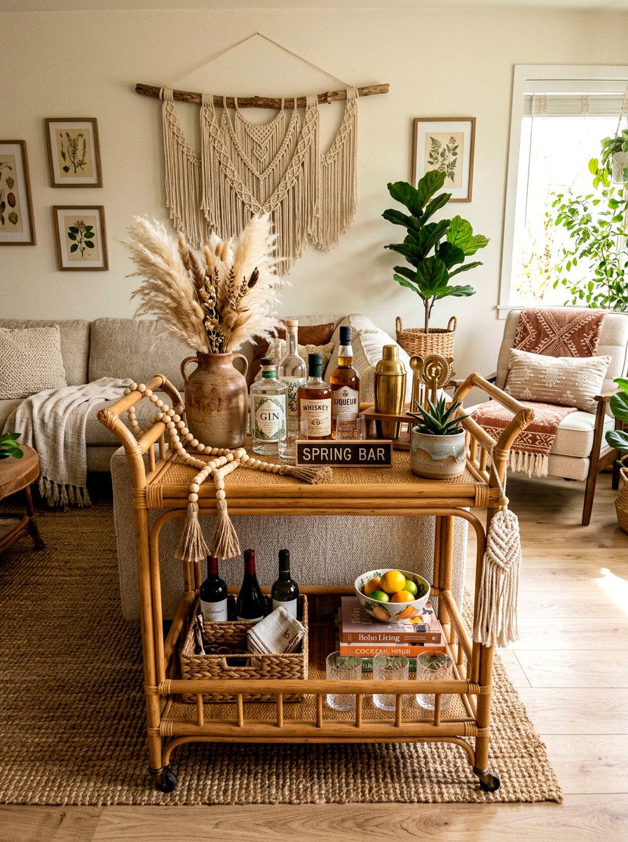 Boho Spring Bar Cart - 25 Spring Bar Cart Styling Ideas