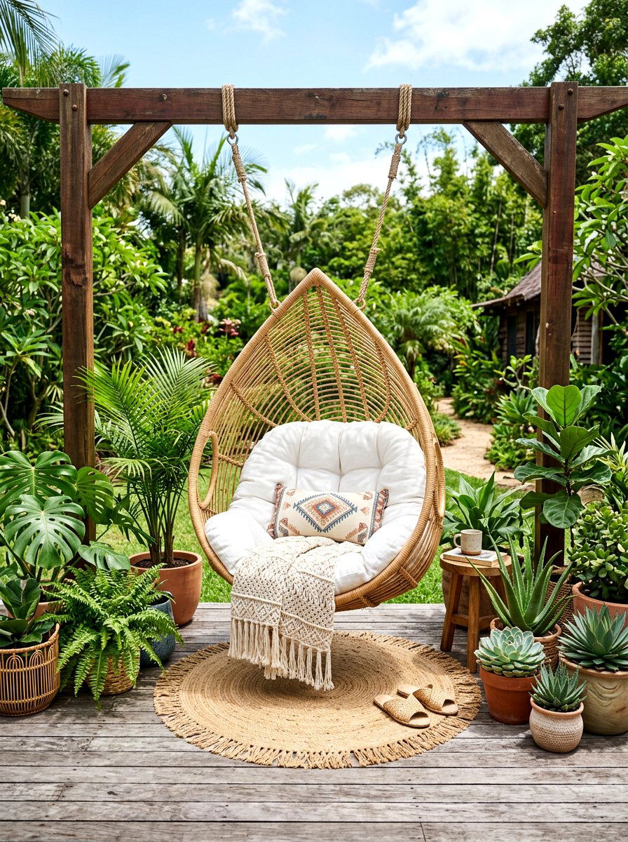 Boho Style Rattan Swing - 25 Spring Garden Swing Decor Ideas