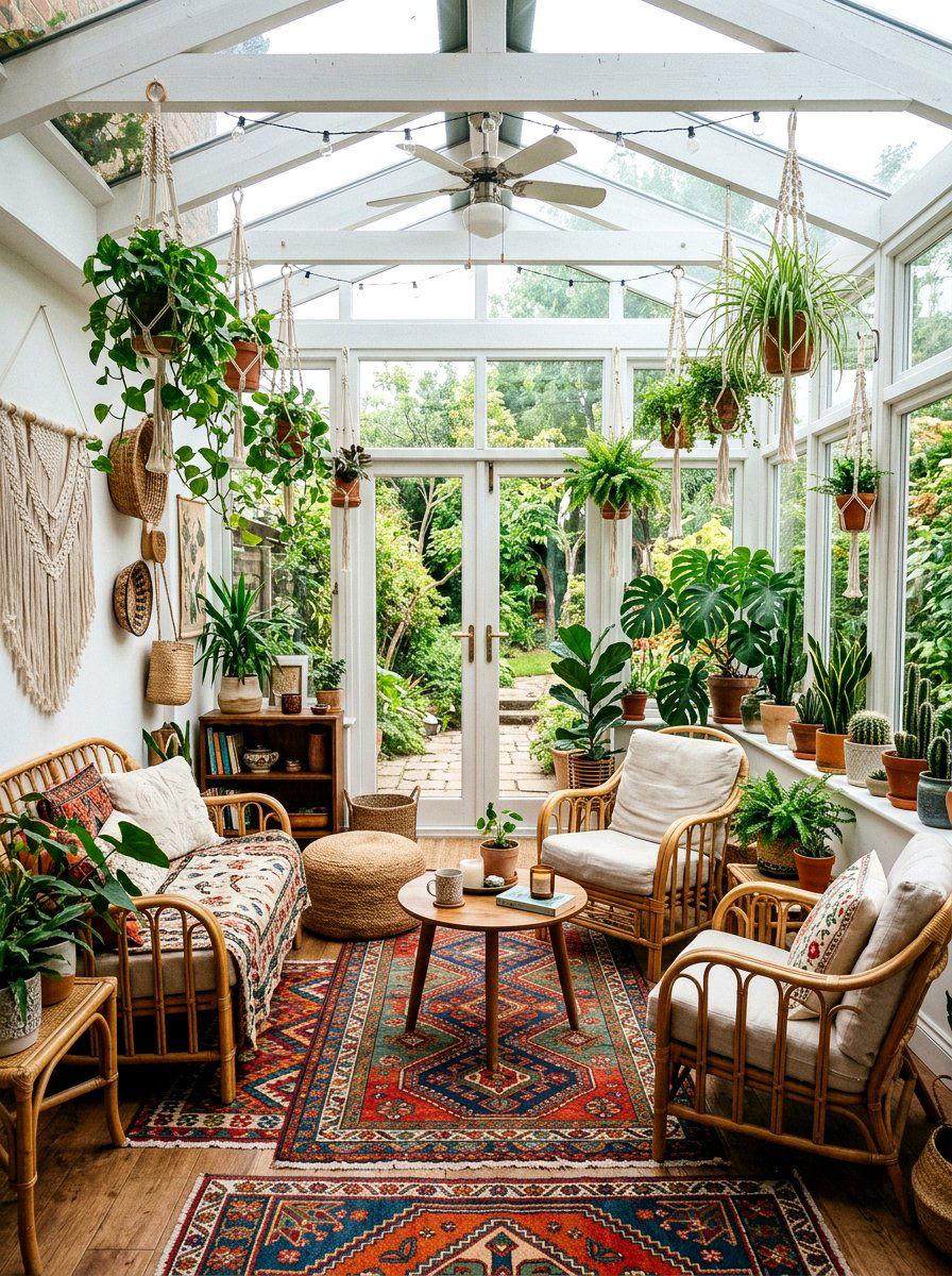 Boho Sunroom With Rattan Furniture - 25 Spring Sunroom Decor Ideas
