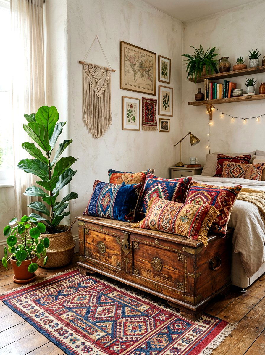 Boho Trunk Bench - 25 Spring Trunk Decor Ideas