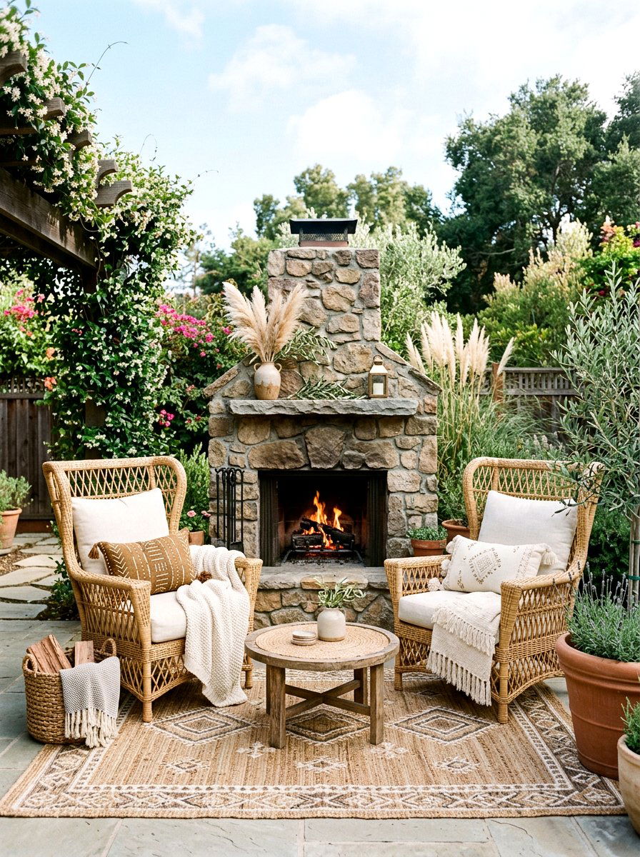 Boho Wicker Furniture Fireplace - 25 Spring Outdoor Fireplace Decor Ideas