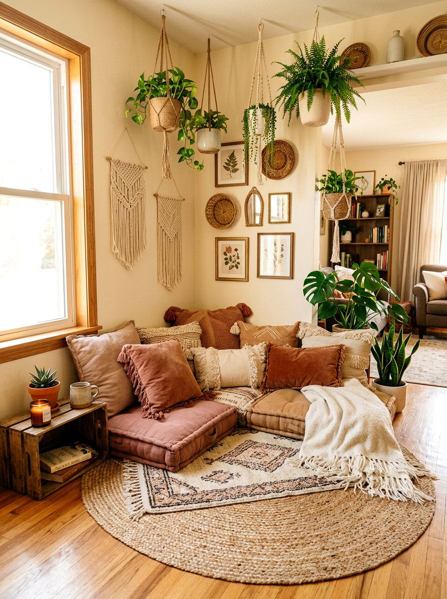 Boho floor cushion nook - 25 Spring Reading Nook Decor Ideas