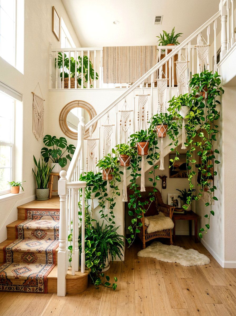 Boho macrame and vine staircase - 25 Spring Staircase Decor Ideas