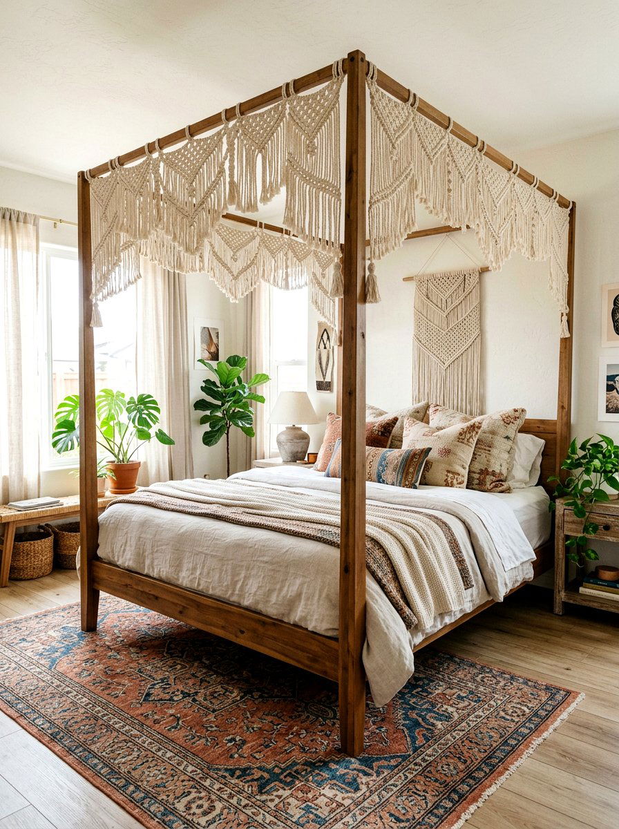 Boho macrame canopy drape - 25 Spring Four Poster Bed Decor Ideas