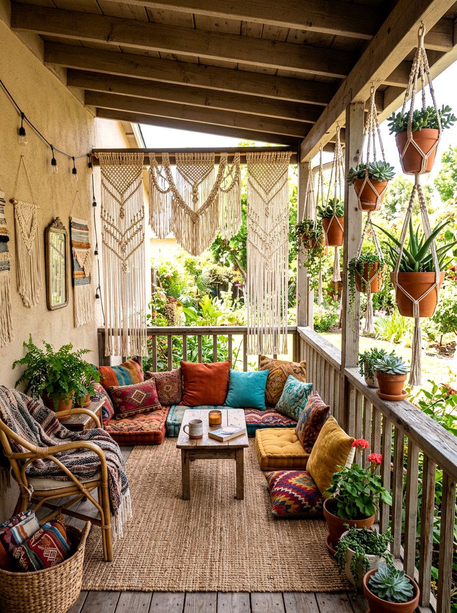 Boho macrame porch panels - 25 Spring Outdoor Curtain Ideas
