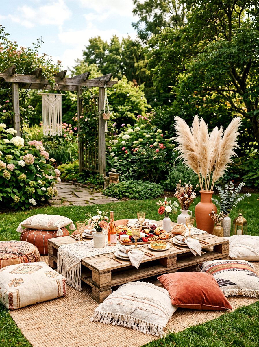 Boho picnic brunch setup - 25 Spring Bridesmaid Luncheon Ideas