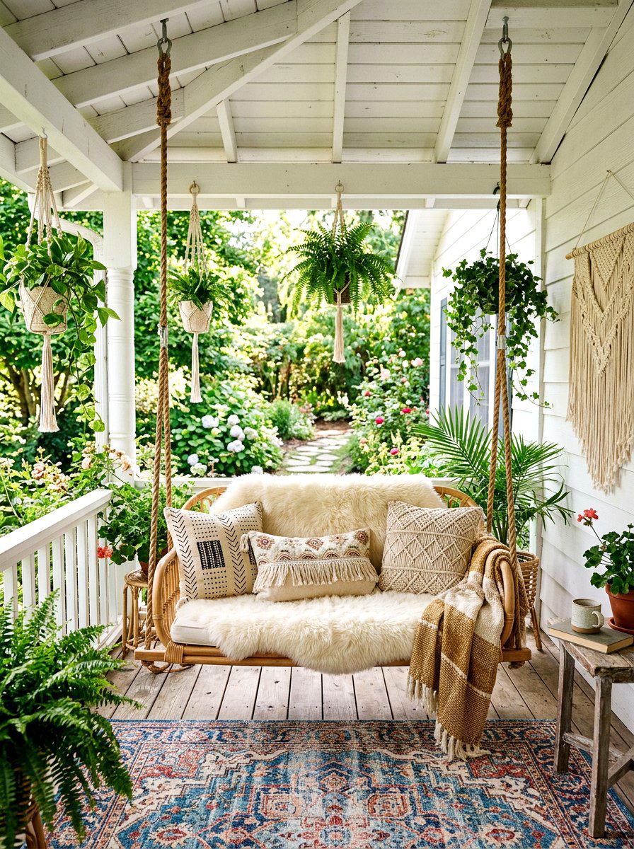 Boho porch swing - 25 Spring Outdoor Furniture Decor Ideas
