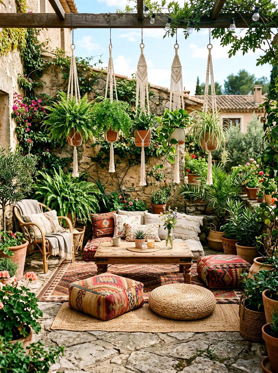 Boho terrace setup - 25 Spring Outdoor Dining Table Ideas