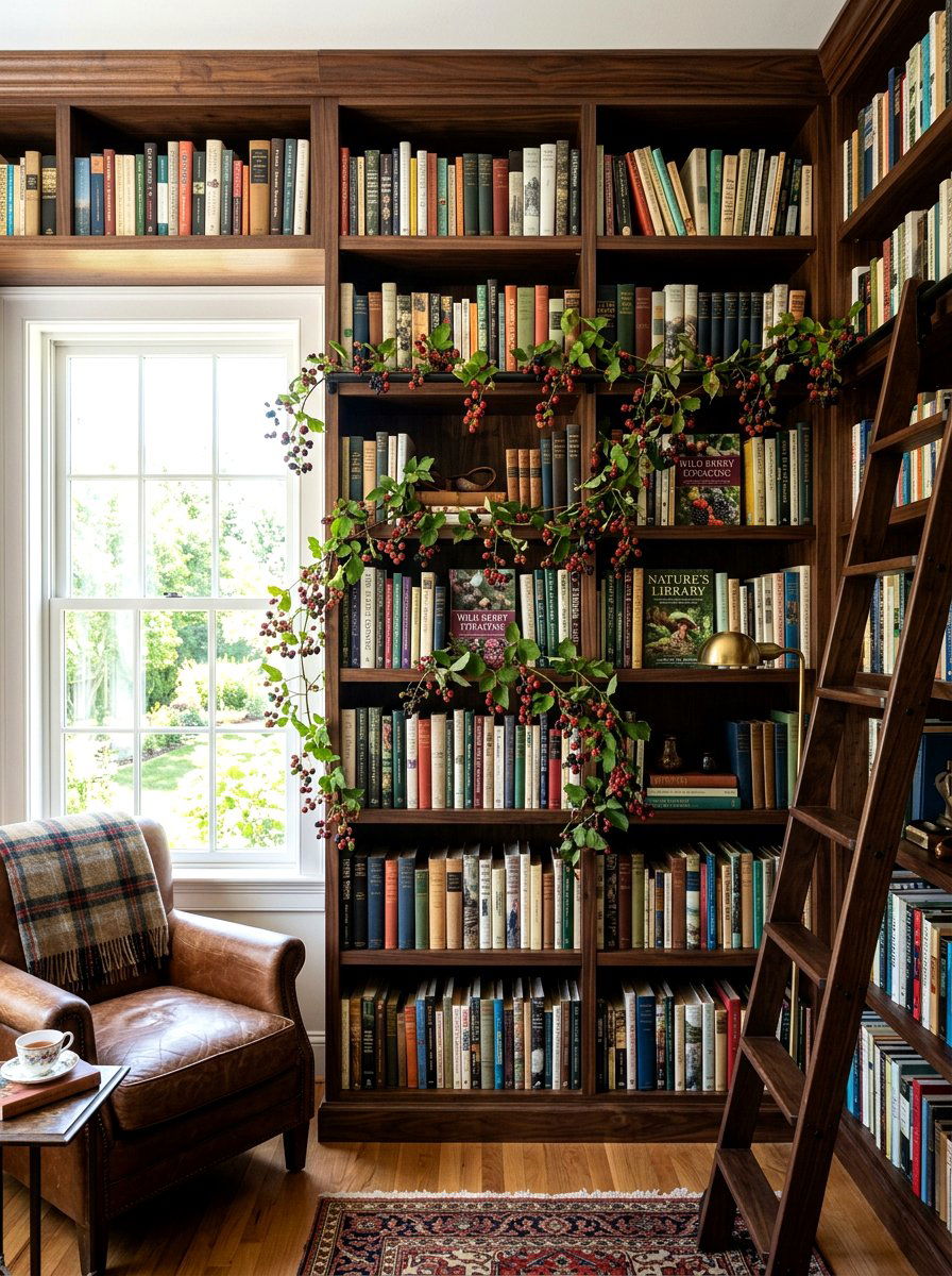 Bookshelf Decor With Trailing Berry Vines - 25 Spring Berry Branch Decor Ideas