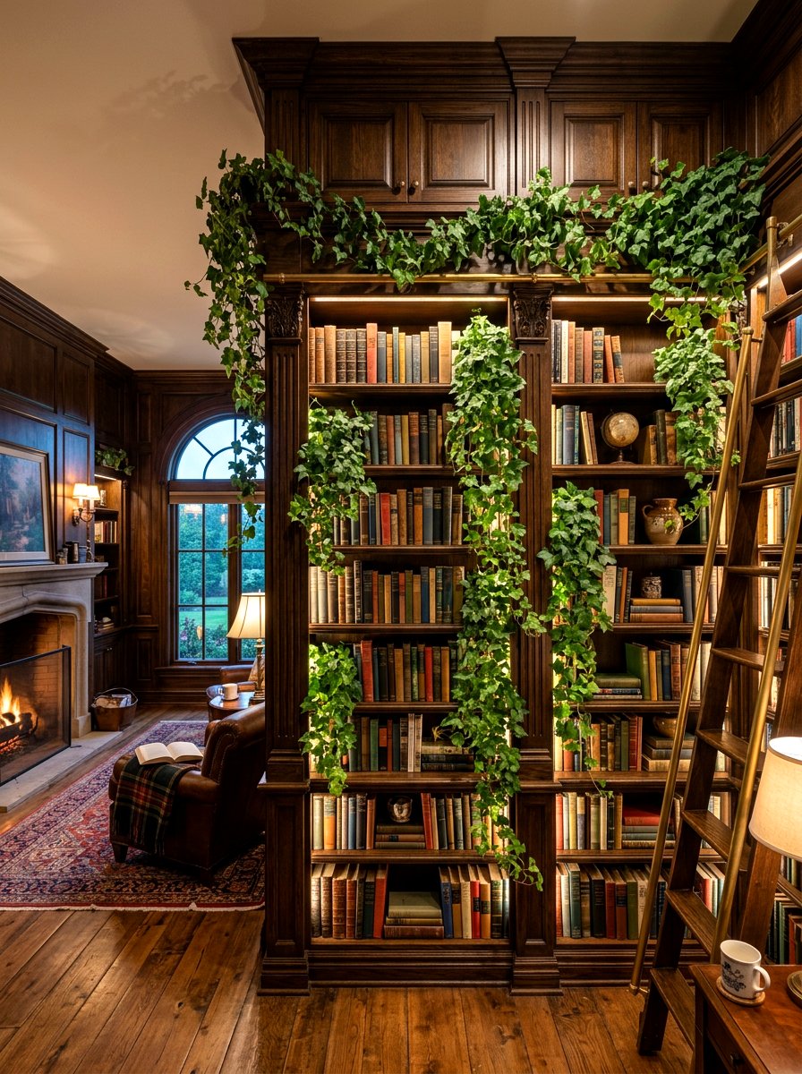 Bookshelf Integration With Vines - 25 Spring Plant Shelf Ideas