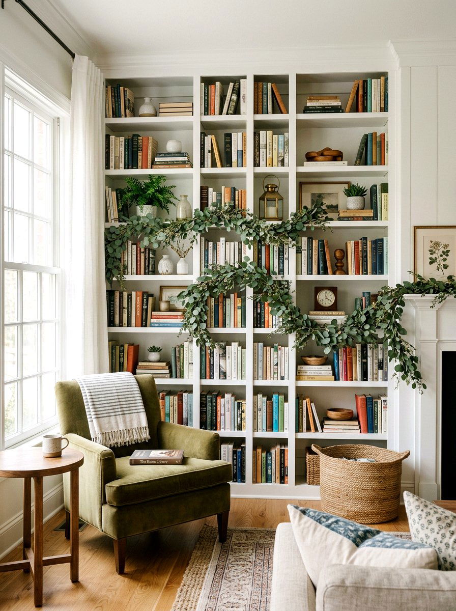 Bookshelf Styling With Greenery - 25 Spring Eucalyptus Garland Ideas