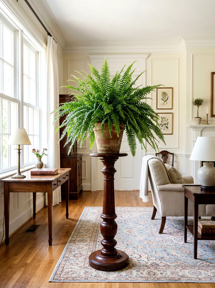 Boston Fern Pedestal Display - 25 Spring Bedroom Plant Ideas