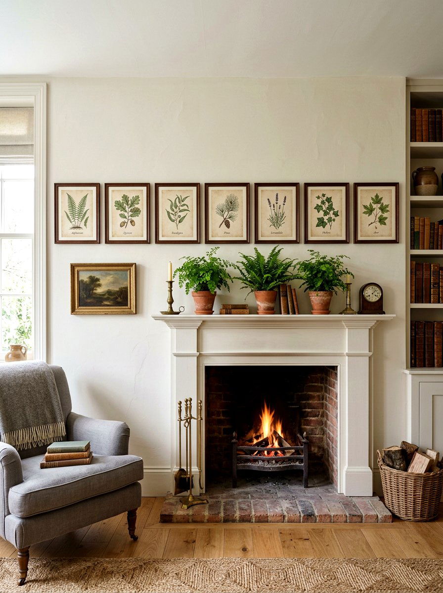 Botanical Art Print Display - 25 Spring Mantel Vignette Ideas