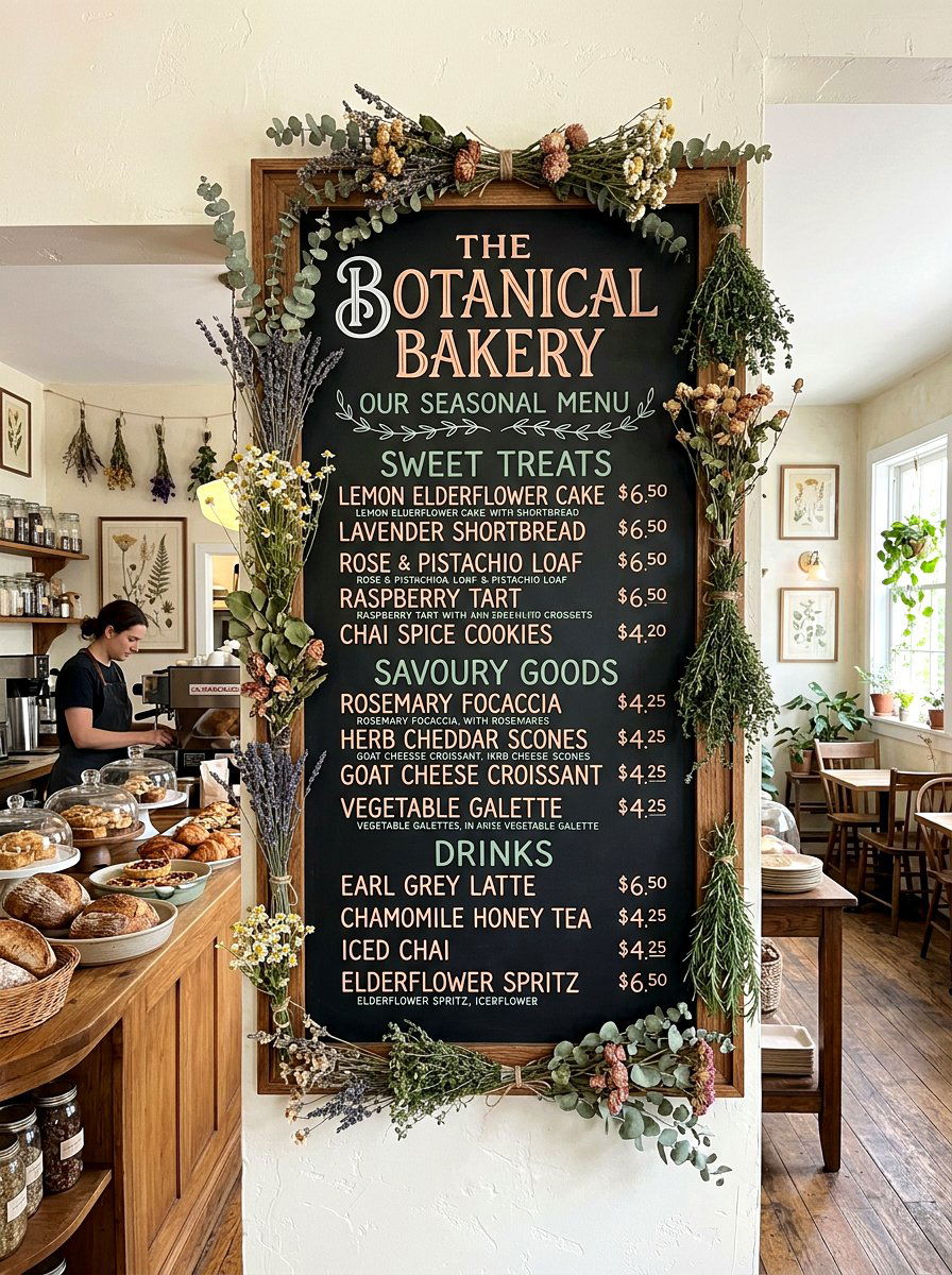 Botanical Bakery Menu Display - 25 Spring Bakery Decor Ideas