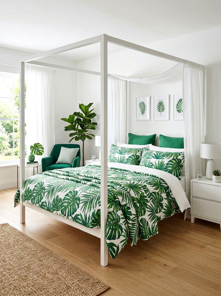 Botanical Leaf Print - 25 Spring Canopy Bed Decor Ideas