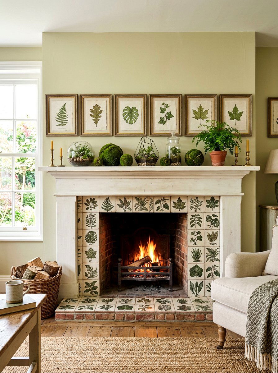 Botanical Print Fireplace - 25 Spring Farmhouse Fireplace Ideas