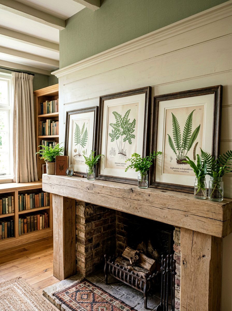 Botanical Print Mantel Art - 25 Spring Rustic Mantel Ideas