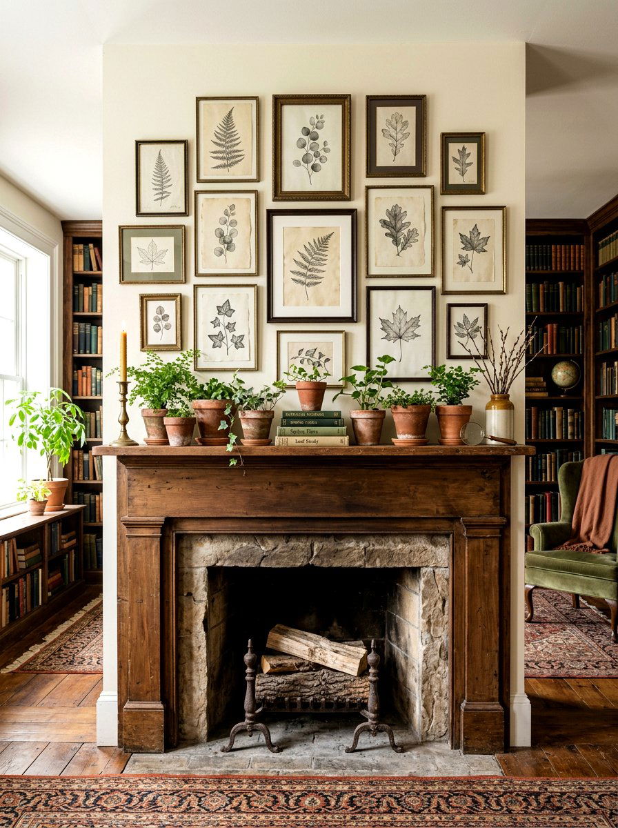 Botanical Print Spring Mantel - 25 Spring Mantel Styling Ideas
