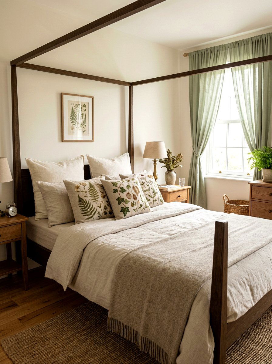 Botanical embroidery throw pillows - 25 Spring Four Poster Bed Decor Ideas