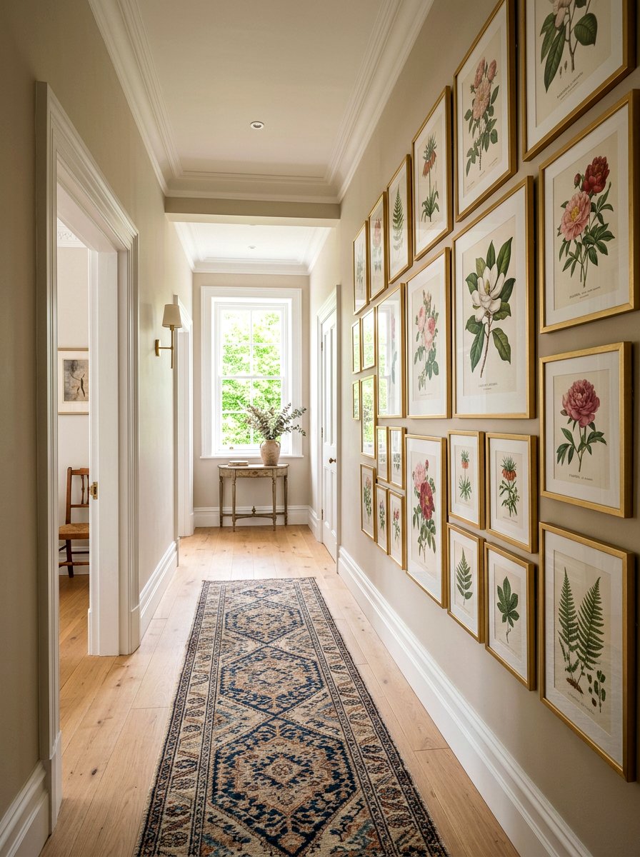 Botanical print gallery wall hallway - 25 Spring Grandmillennial Decor Ideas