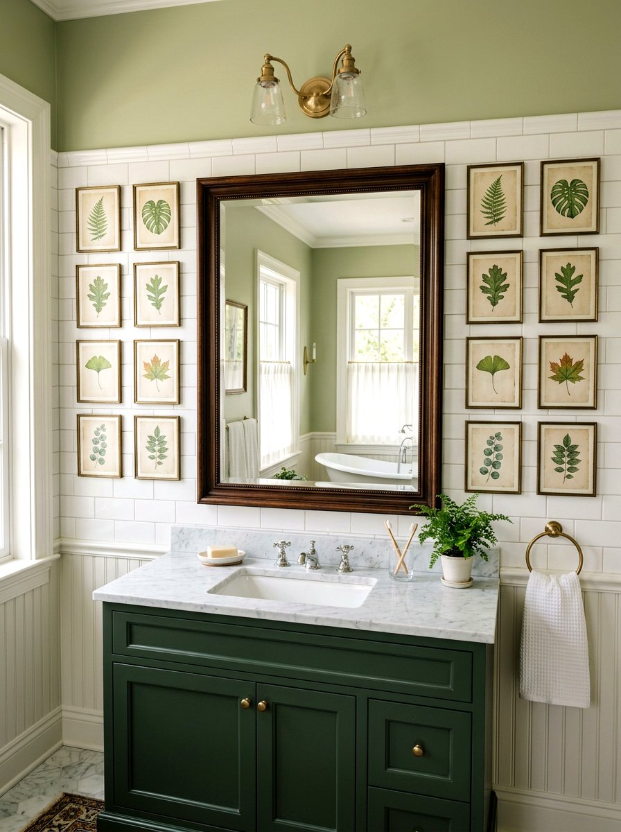 Botanical prints around mirror - 25 Spring Bathroom Mirror Decor Ideas