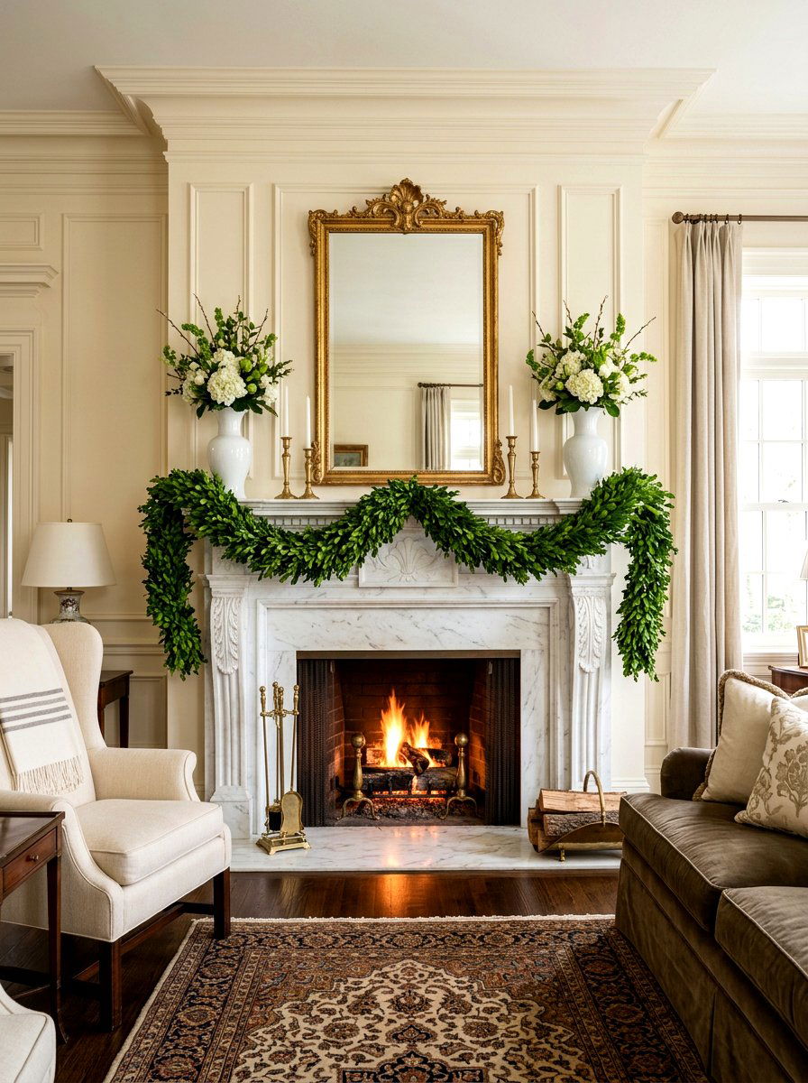 Boxwood Garland - 25 Spring Mantel Garland Ideas