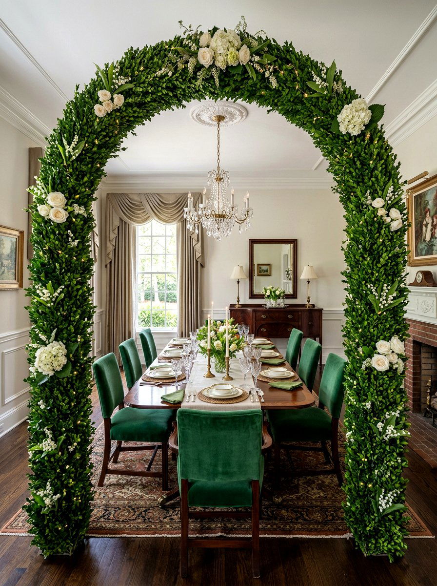 Boxwood Greenery Dining Room Arch - 25 Spring Arch Decor Ideas
