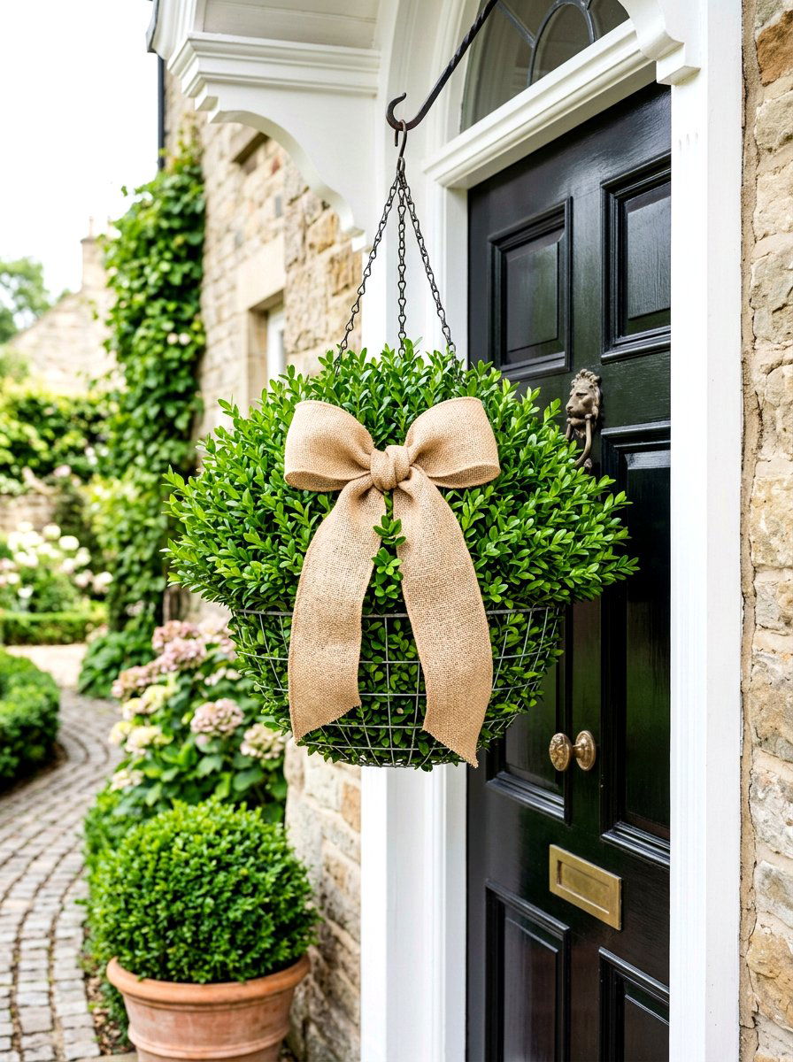 Boxwood Greenery Hanging Basket - 25 Spring DIY Door Basket Ideas