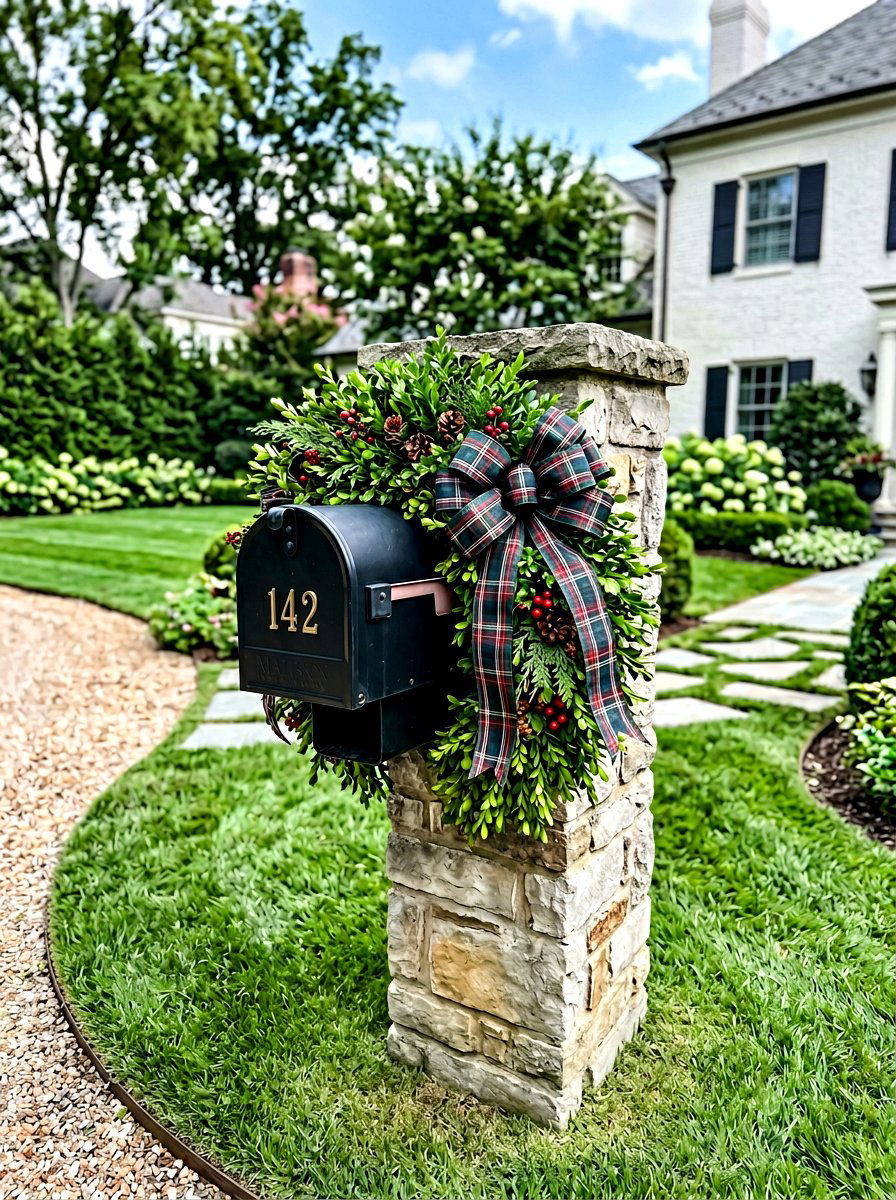 Boxwood Greenery Mailbox Swag - 25 Spring Mailbox Topper Ideas