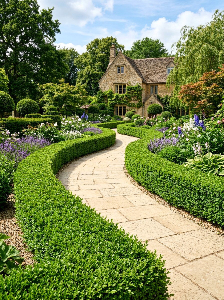 Boxwood Hedge Lined Stone Path - 25 Spring Pathway Decor Ideas