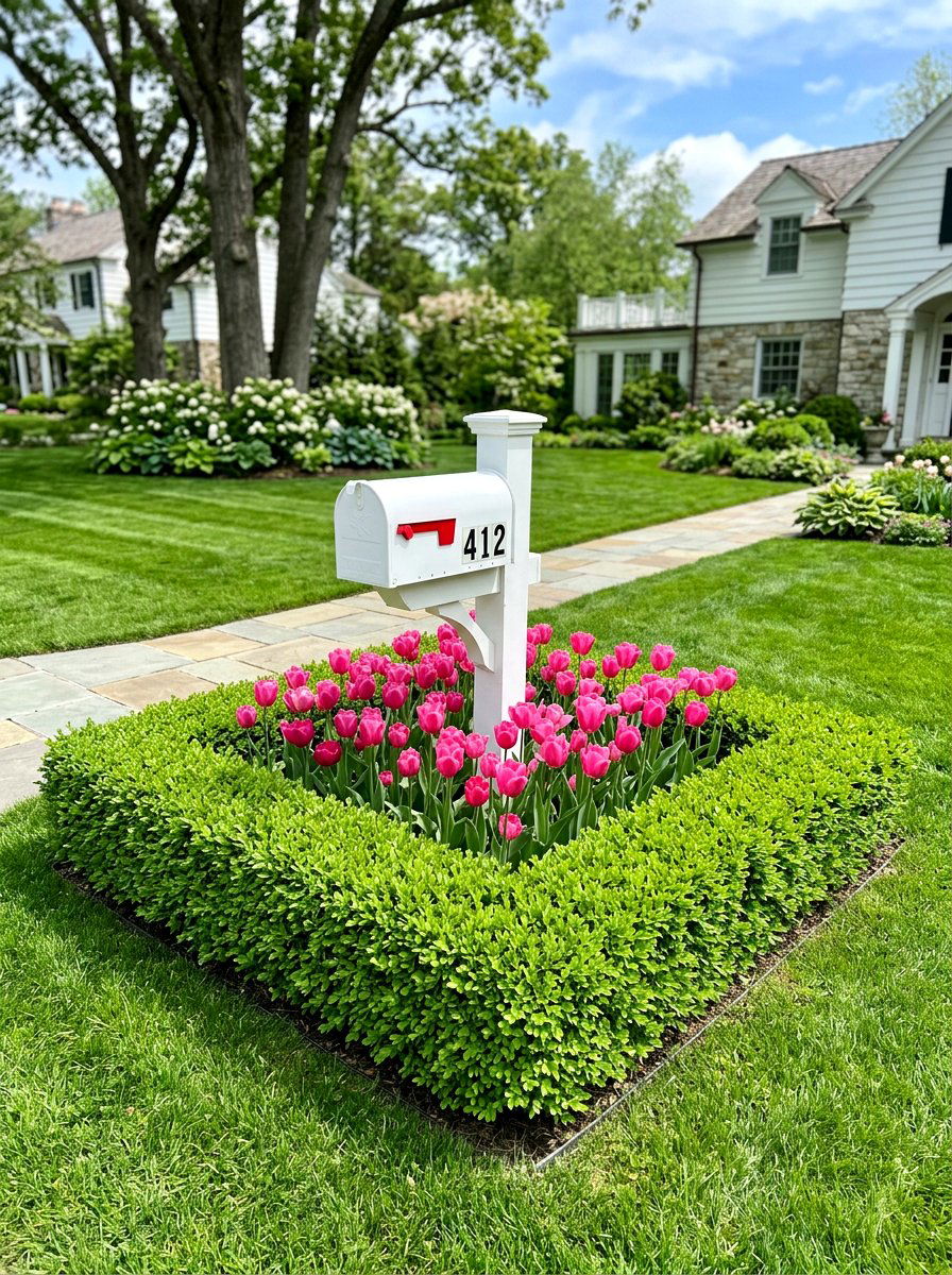 Boxwood Hedge Surround - 25 Spring Mailbox Garden Ideas