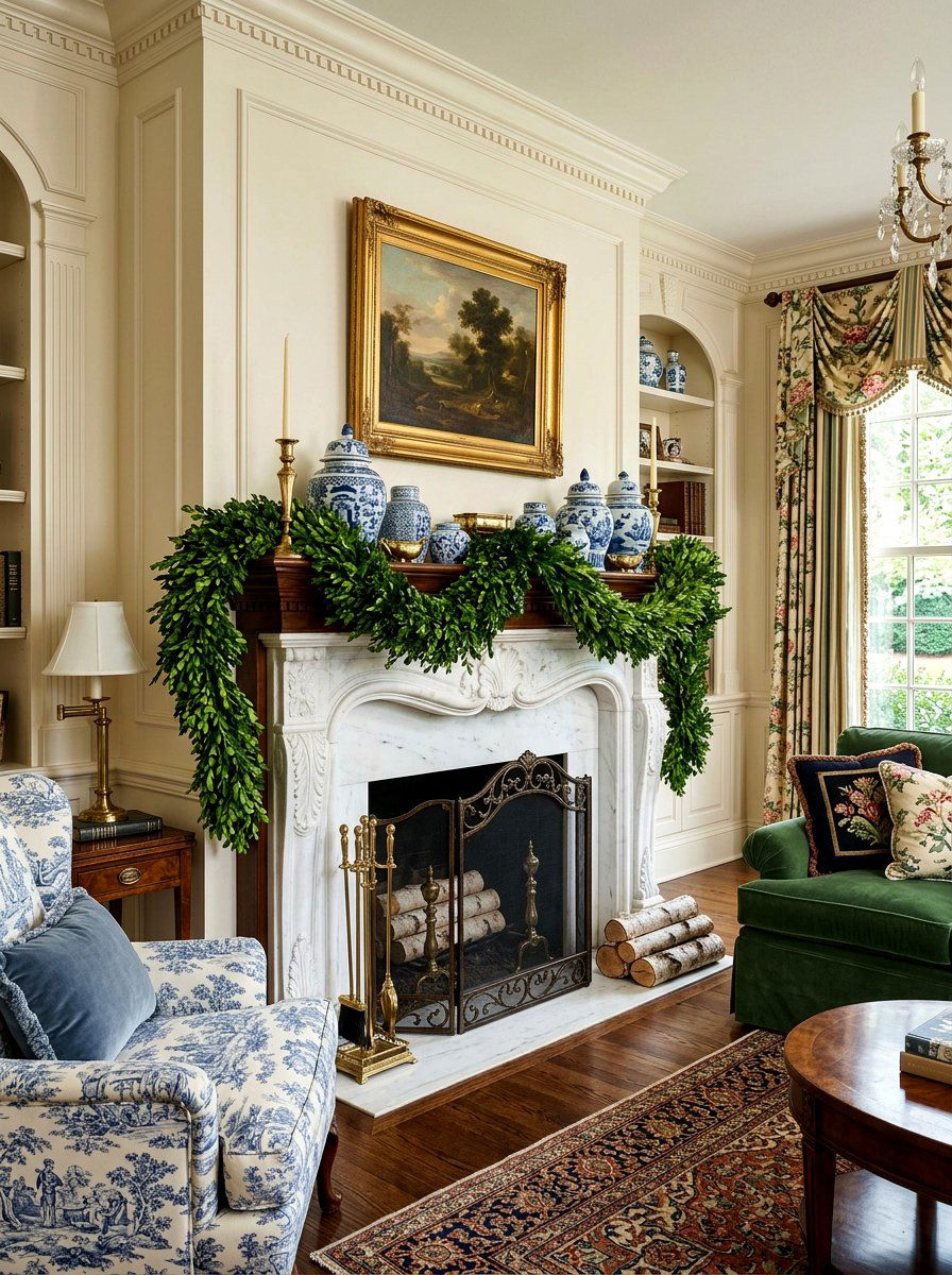 Boxwood Mantel - 25 Spring Garland Ideas for Mantel