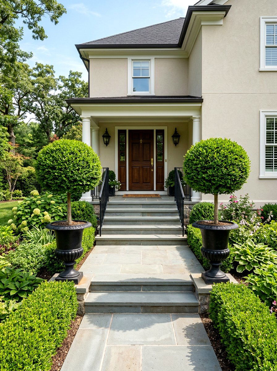 Boxwood Topiary Front Porch - 25 Spring Porch Step Decor Ideas