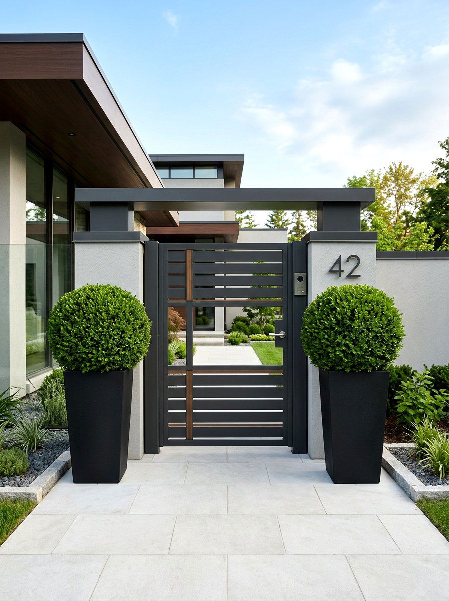 Boxwood Topiary Gate Entrance - 25 Spring Front Gate Decor Ideas