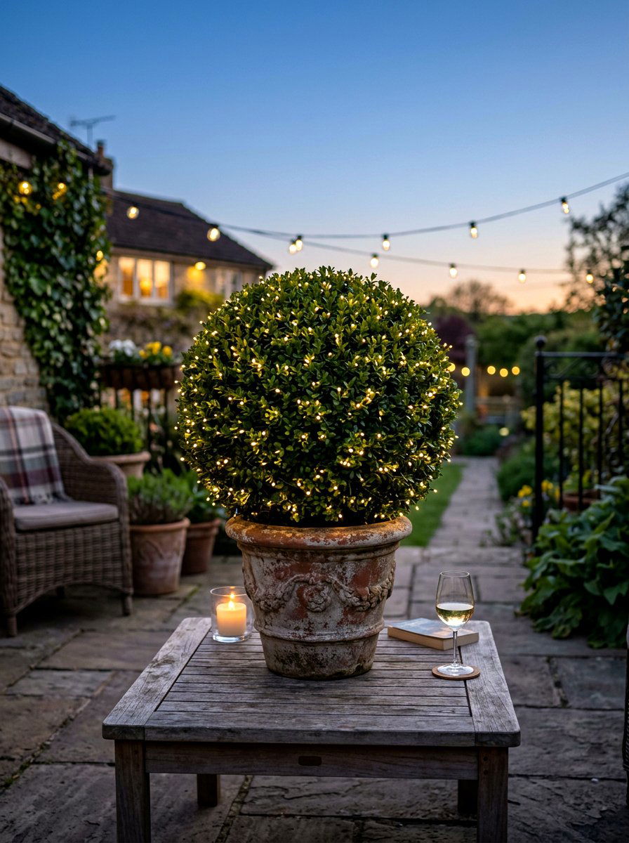Boxwood Topiary With Fairy Lights - 25 Spring Boxwood Topiary Ideas