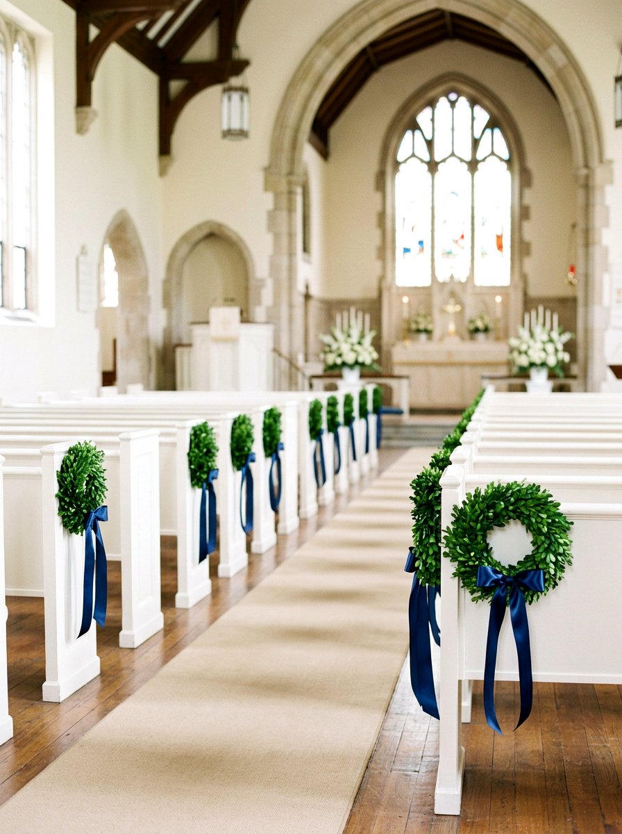 Boxwood Wreath Pew Ends - 25 Spring Wedding Pew Decor Ideas