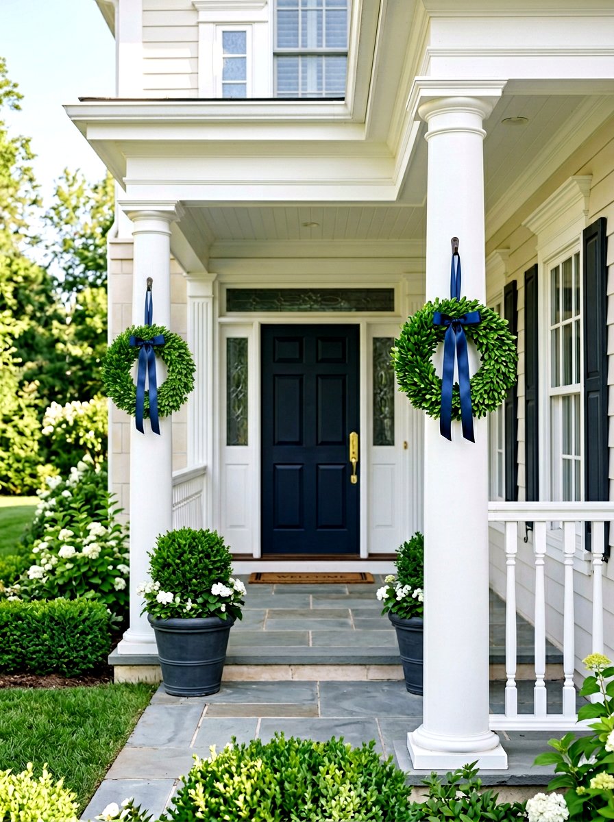 Boxwood Wreath Porch Post - 25 Spring Porch Post Decor Ideas
