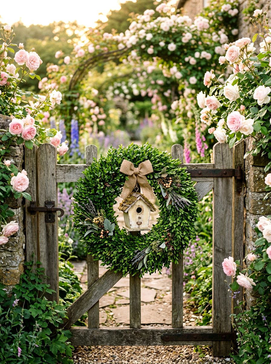 Boxwood Wreath With Birdhouse - 25 Spring Boxwood Wreath Ideas