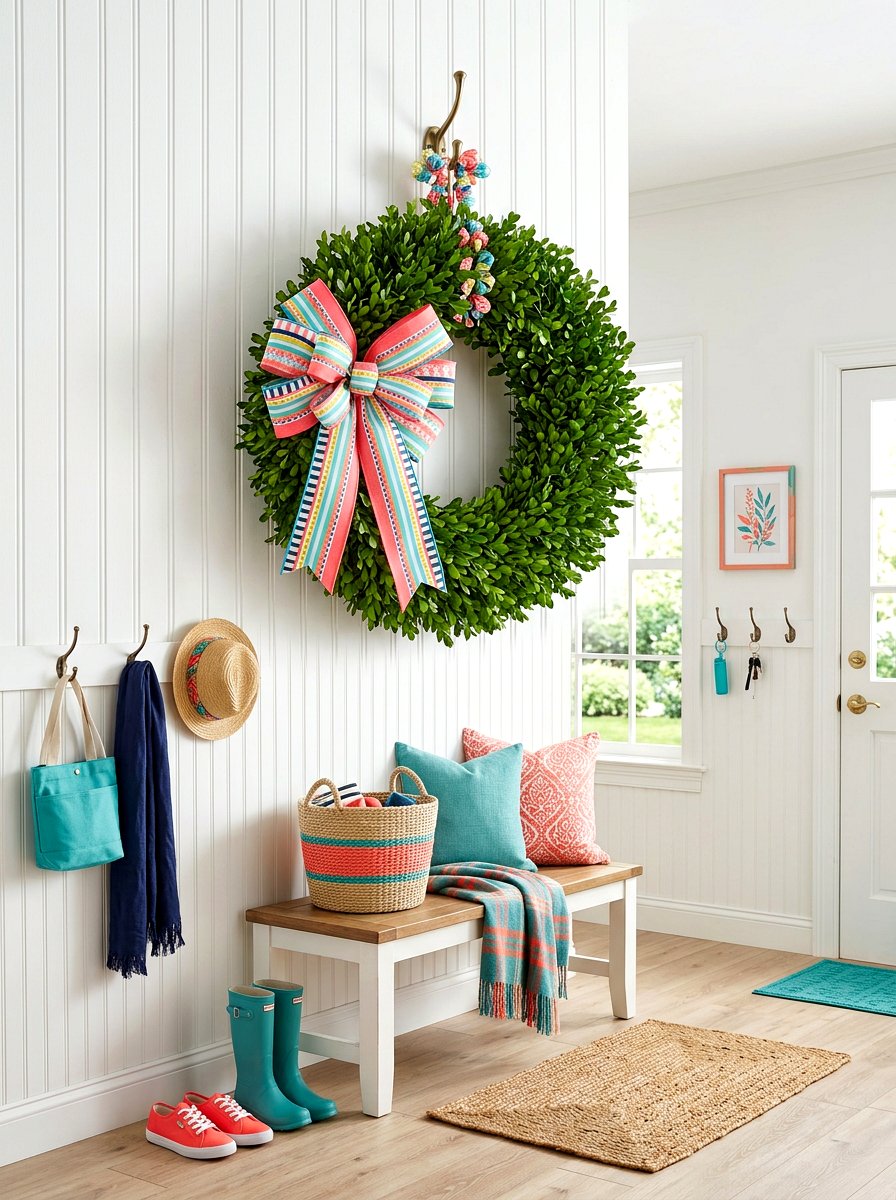 Boxwood Wreath With Colorful Ribbon - 25 Spring Boxwood Wreath Ideas