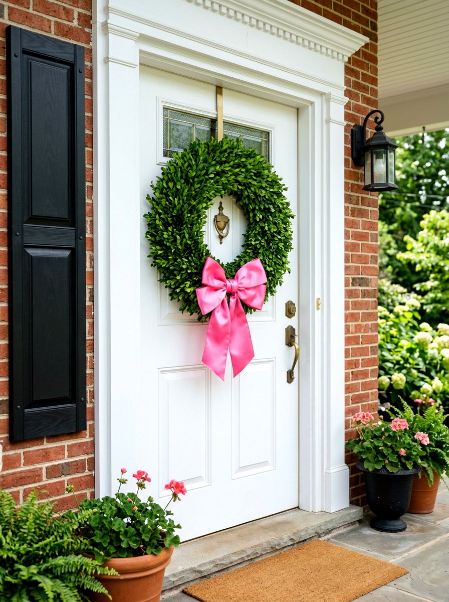 Boxwood Wreath With Pink Bow - 25 Spring Outdoor Wreath Ideas