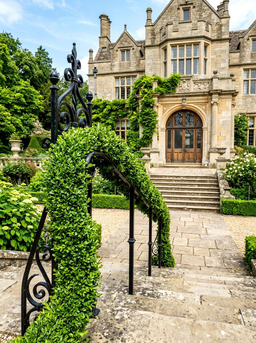 Boxwood garland for railing - 25 Spring Porch Railing Decor Ideas