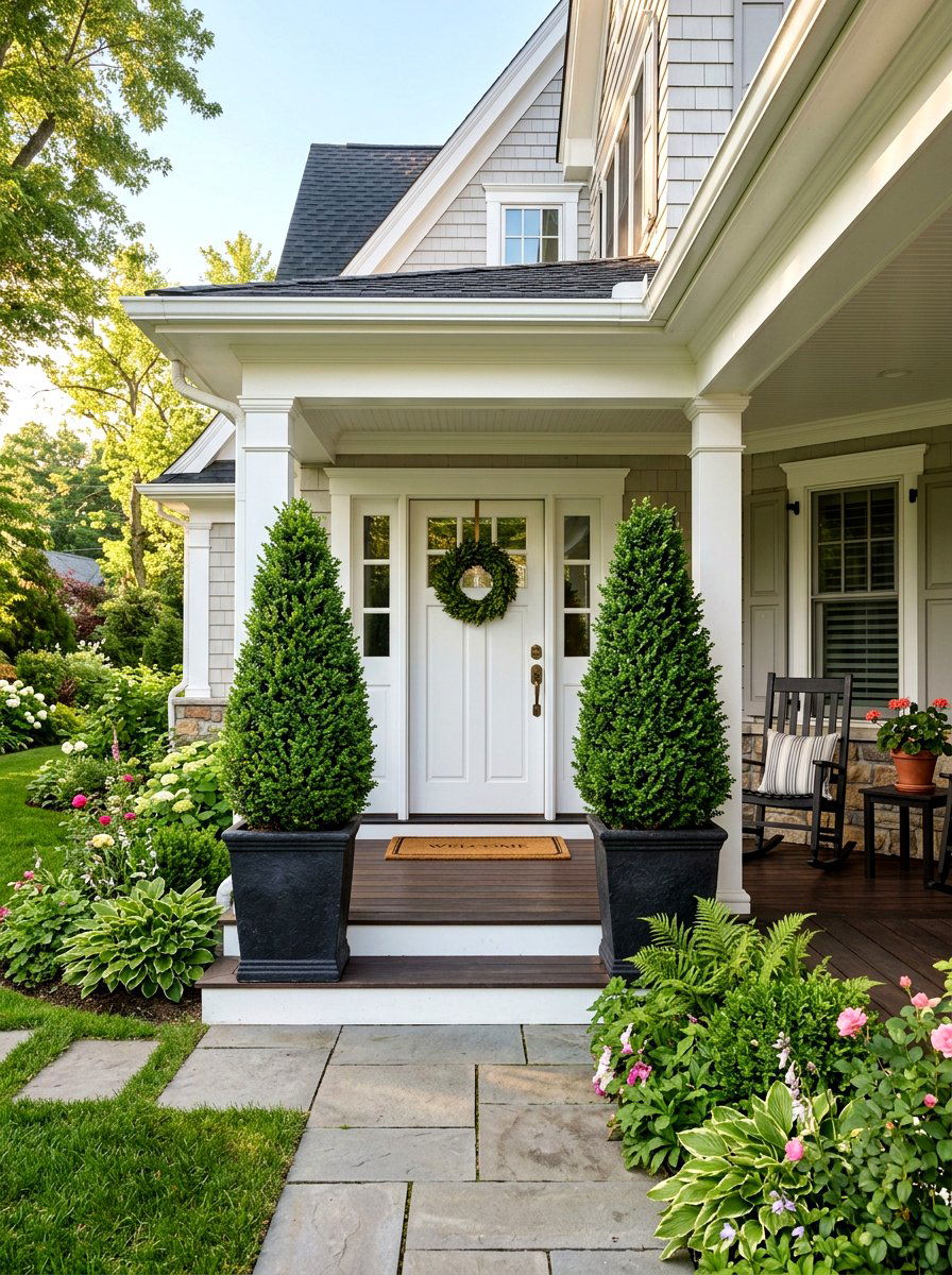 Boxwood topiary front porch - 25 Spring Traditional Decor Ideas