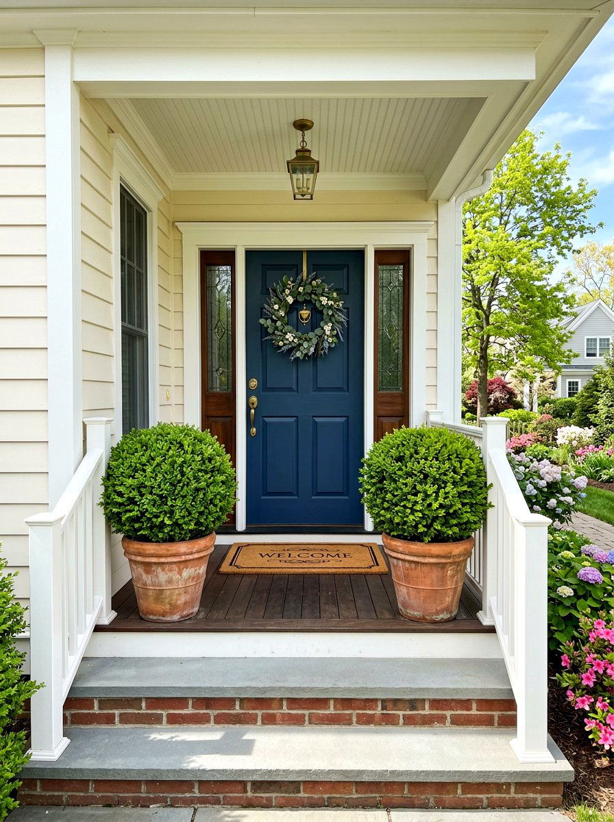 Boxwood topiary front porch - 25 Spring Grandmillennial Decor Ideas
