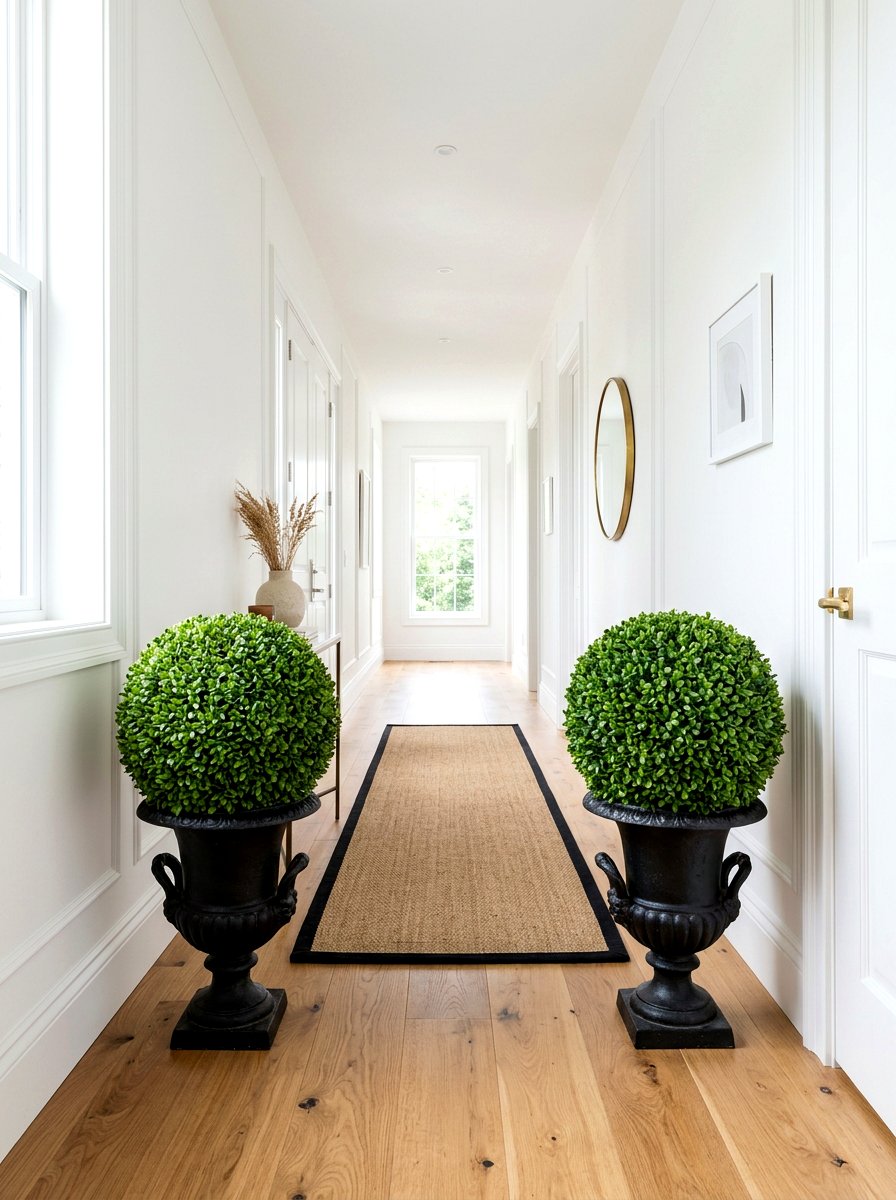 Boxwood topiary hallway - 25 Spring Greenery Decor Ideas