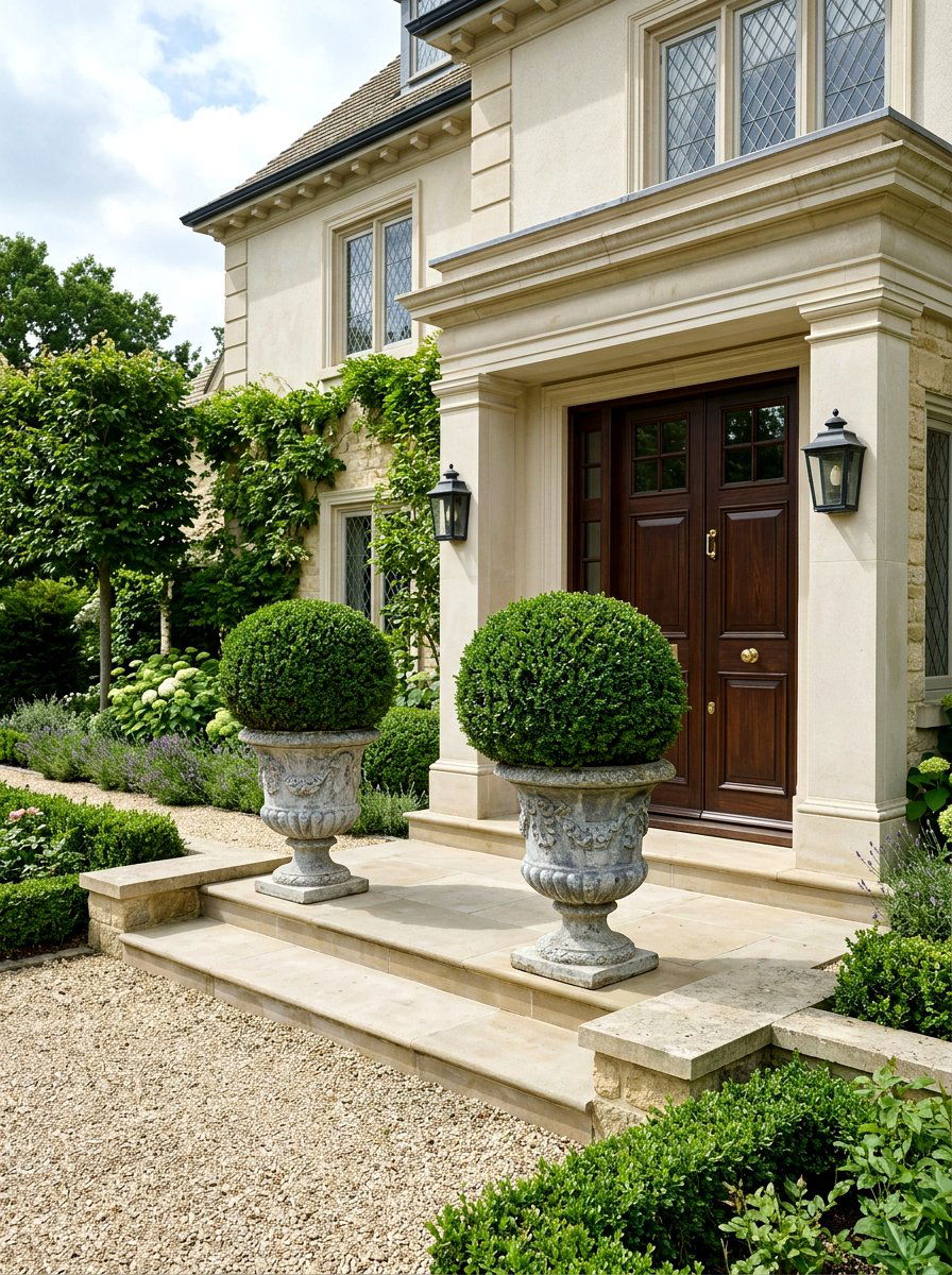 Boxwood topiary porch urns - 25 Spring Porch Flower Pot Ideas