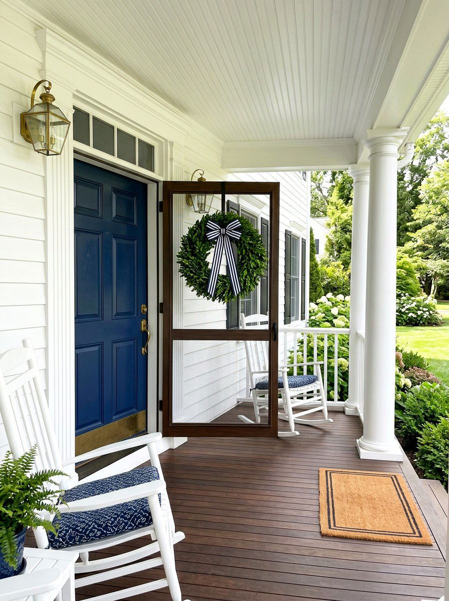 Boxwood wreath with ribbon - 25 Spring Screen Door Decor Ideas