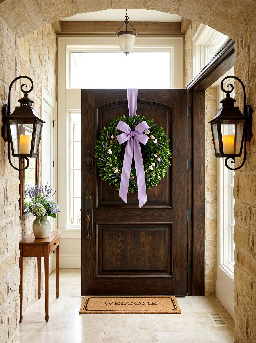 Boxwood wreath with ribbon - 25 Spring Door Hanger Ideas